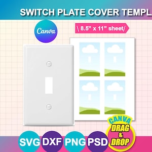Puede incluir: Una plantilla de cubierta de placa de interruptor blanca con el texto "SWITCH PLATE COVER TEMPLATE". La imagen incluye un logotipo de Canva, una hoja con imágenes de paisajes y el texto "8.5" x 11" sheet/". La imagen también incluye el texto "CANVA DRAG & DROP" y logotipos SVG, DXF, PNG y PSD.