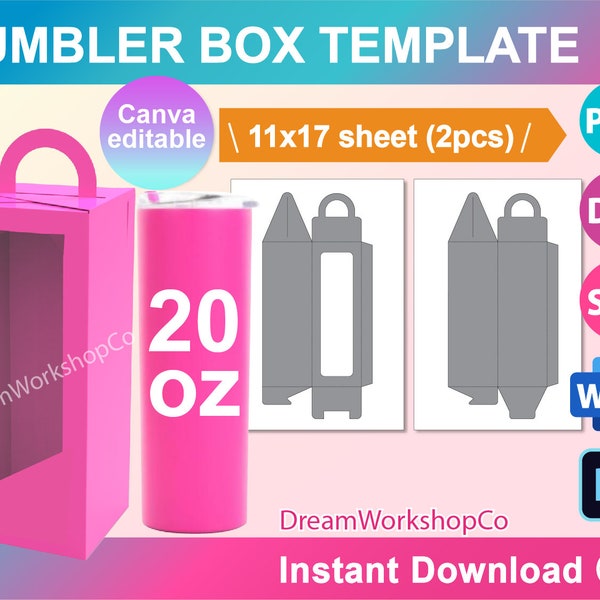 20oz Skinny Tumbler Box Template, Gift Box Template,  Window Box Template, Canva, SVG, DXF, Ms Word Docx, Png, Psd, A3 size sheet, Printable