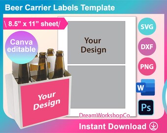 Beer Carrier Label Template,  SVG, Canva, DXF, Ms Word DOCX, Png, Psd, 8.5"x11" sheet, Printable