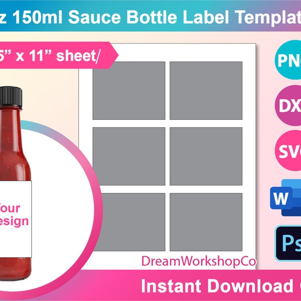 150g Soßenflasche Label Vorlage, Hot Sauce Gastgeschenke, Hochzeitsgeschenk, SVG, DXF, Ms Word Docx, Png, PSD, 20.5"x11" Blatt, Printable