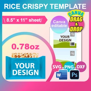 0.78oz Rice Crispy Template, Rice Crispy Wrapper template, SVG, DXF, Canva, Ms Word Docx, Png, Psd, 8.5&quot;x11&quot; sheet, Printable