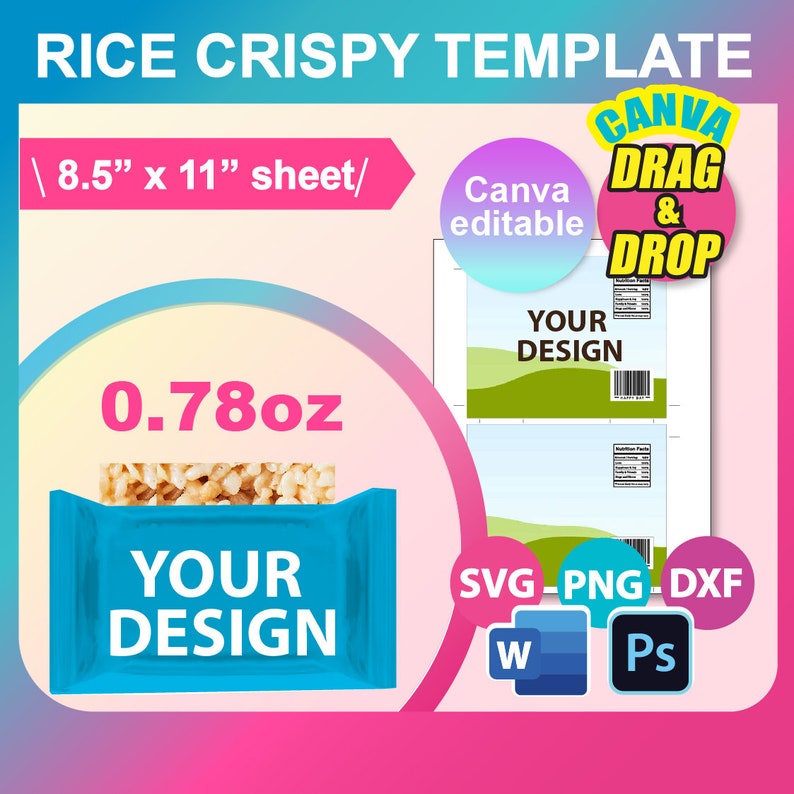 Może przedstawiać: Szablon do chrupiących przysmak&oacute;w ryżowych z napisem "RICE CRISPY TEMPLATE". Projekt zawiera makietę chrupiącego przysmaku ryżowego w niebieskim opakowaniu z napisem "YOUR DESIGN". Szablon ma wymiary 21,6 cm x 28 cm i jest edytowalny w Canva.