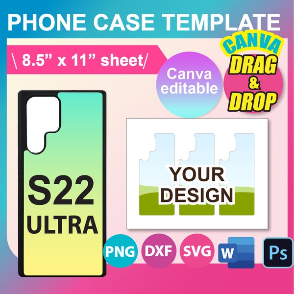 S22 Ultra Phone Case Sublimation Template, Canva, SVG, DXF, Ms Word Docx, Png, Psd, 8.5"x11" sheet, Printable