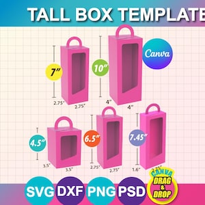 Op de afbeelding: Roze hoge doos sjabloon met afmetingen in inches. De dozen hebben een handvat en een venster. De tekst "TALL BOX TEMPLATE" staat bovenaan. De afbeelding bevat ook de tekst "SVG DXF PNG PSD" en "Canva Drag & Drop".