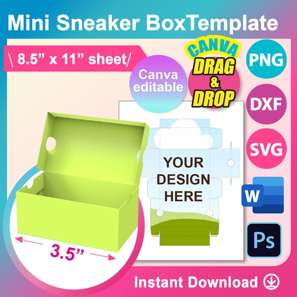 Mini Shoes Box Template, Mini Sneaker Box template, Gift Box Template, Box with Lid template Canva, Ms word, PSD, PNG, SVG, Dxf