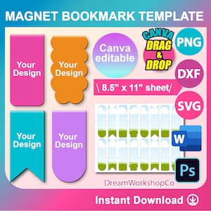 マグネットブックマークテンプレート、ブックマークテンプレート SVG、Canva、DXF、Ms Word Docx、Png、PSD、8.5"x11" シート、印刷可能