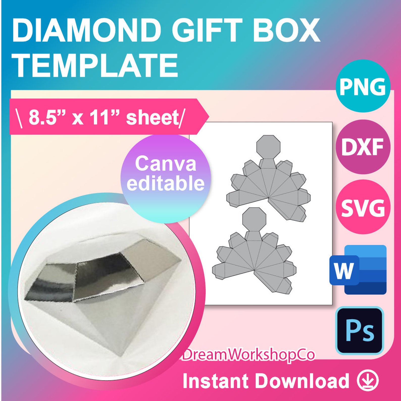3D Diamond Gift Box Template, Candy Box Template. Canva, PSD, SVG, DXF ...