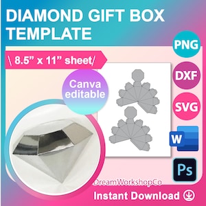 3D Diamond Gift Box Template, Candy Box Template. Canva, PSD, SVG, DXF, Ms Word Docx, Png, 8.5&quot;x11&quot; sheet, Printable, Instant Download