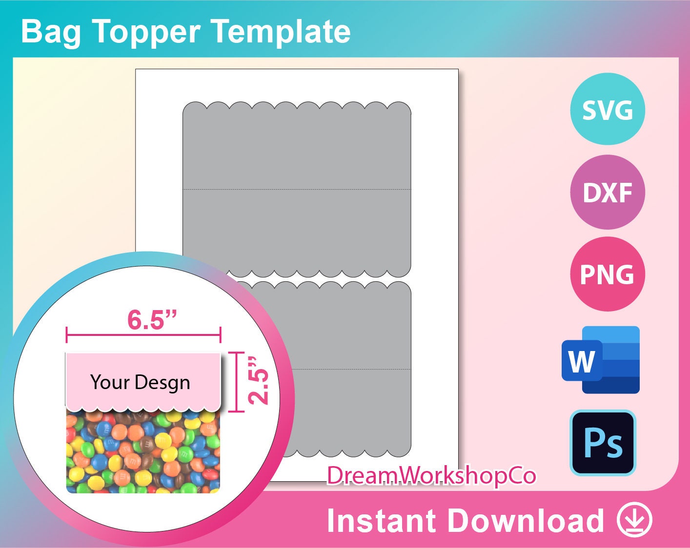 4 inch Treat bag handles fold over topper templates png svg dxf ai ...