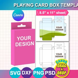 Puede incluir: Una plantilla de caja de cartas rosa con el texto "YOUR DESIGN" en blanco. La imagen también incluye un logotipo de Canva y el texto "8.5" x 11" sheet/" y "CANVA DRAG & DROP". La plantilla está disponible en formatos SVG, DXF, PNG y PSD.