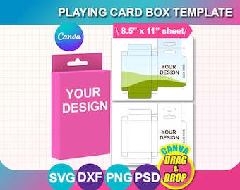 May include: A pink playing card box template with the text "YOUR DESIGN" in white. The image also includes a Canva logo and the text "8.5" x 11" sheet/" and "CANVA DRAG & DROP". The template is available in SVG, DXF, PNG, and PSD formats.