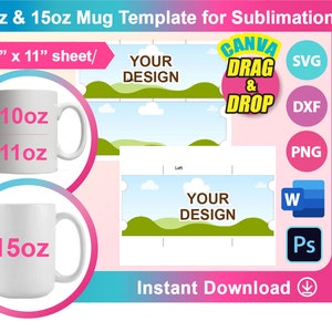 11oz Mug template, 15oz Mug Template Sublimation, Full Wrap Mug Template, Ms word, PSD, PNG, SVG, Dxf, 8.5&quot;x11&quot; sheet, Printable