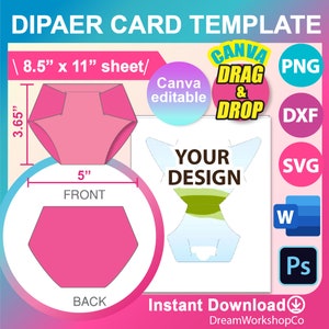 Diaper Card Template with Insert, SVG, DXF, Canva, Ms Word Docx, Png, Psd, 8.5&quot;x11&quot; sheet, Printable