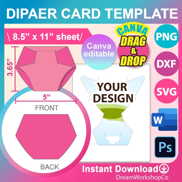 Diaper Card Template with Insert, SVG, DXF, Canva, Ms Word Docx, Png, Psd, 8.5"x11" sheet, Printable