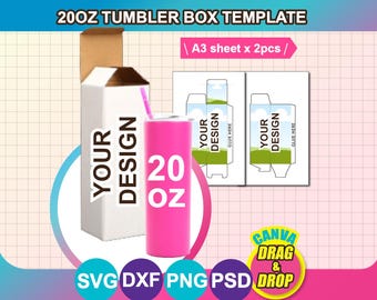 20oz Skinny Tumbler Box Template, Gift Box Template, SVG, Canva, DXF, Ms Word Docx, Png, Psd, A3 size sheet, Printable