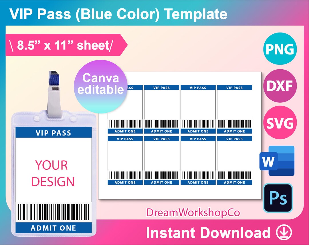 Vip Dxf Plantilla de color azul VIP Pass, invitación VIP Pass Svg, Canva, DXF ...