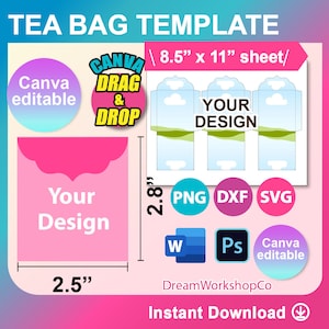 ティーバッグ封筒テンプレート、シードパケットテンプレート。Canva、Ms Word、PSD、PNG、SVG、Dxf、8.5x11インチシート、印刷可能、即時ダウンロード