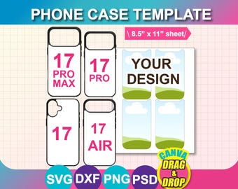 May include: A phone case template with four different phone case designs. The template includes the text "PHONE CASE TEMPLATE" and "8.5" x 11" sheet/". The template also includes the text "YOUR DESIGN" and "CANVA DRAG & DROP".