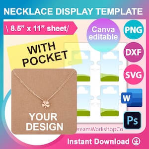 Modelo de exibição de cartão de pulseira, modelo de exibição de colar, suporte de colar dobrável, SVG, DXF, Canva, Docx, Png, Psd