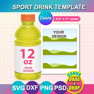 12 Unzen Sport Trinkflasche Etikett Vorlage, Canva, SVG, Dxf, Png, Digital Download, 8,5x11 cm Bogen Bild 1