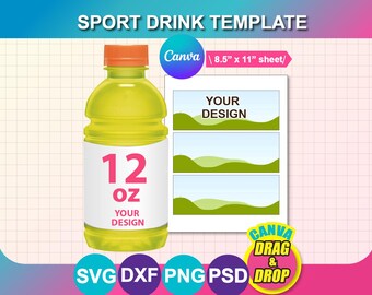 12oz Sport Drink Bottle Label Template, Canva, SVG, Dxf, Png, Digital Download, 8.5x11" Sheet