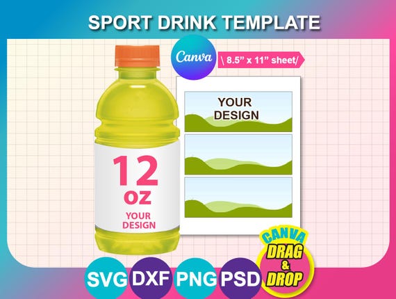 12oz Sport Drink Bottle Label Template, Canva, SVG, Dxf, Png, Digital Download, 8.5x11" Sheet