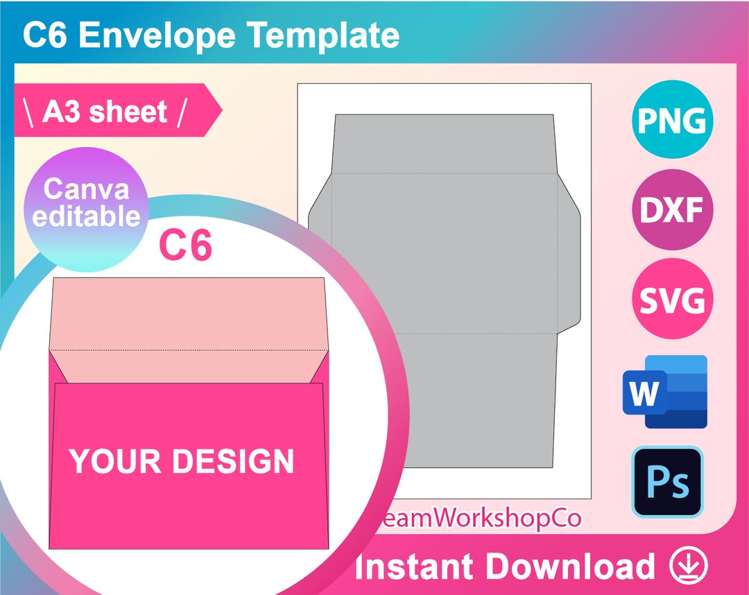 C6 Envelope Template, C6 Envelope Cut File, SVG, Canva, Ms Word, PSD