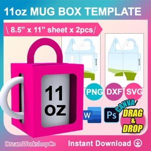 11oz Mug Box Template, Sublimation Template, Cut Files, Canva, SVG, DXF, Ms Word Docx, Png, Psd, 8.5x11 sheet, Printable