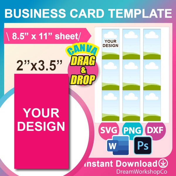Plantilla de tarjeta de visita, Plantilla en blanco, SVG, DXF, Canva, Ms Word docx, Png, Psd, hoja de 8.5"x11", Imprimible, Descarga instantánea