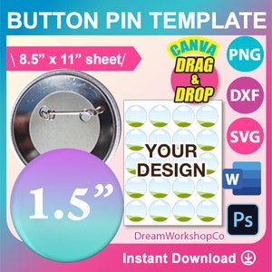 1.5 inch Button Pin Template, 1.5 inch Pin Button Template, Canva, SVG, DXF, Ms Word docx, Png, Psd, 8.5&quot;x11&quot;