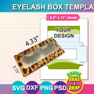 May include: An eyelash box template with a leopard print design. The box is 4.33" x 2.15" and contains a pair of false eyelashes. The template includes a design area and the text "EYELASH BOX TEMPLATE", "YOUR DESIGN", and "CANVA DRAG & DROP".