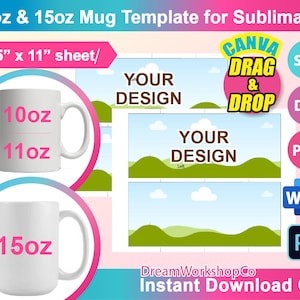 11oz Mug template, 15oz Mug Template Sublimation, Ms word, PSD, PNG, SVG, Dxf, 8.5&quot;x11&quot; sheet, Printable