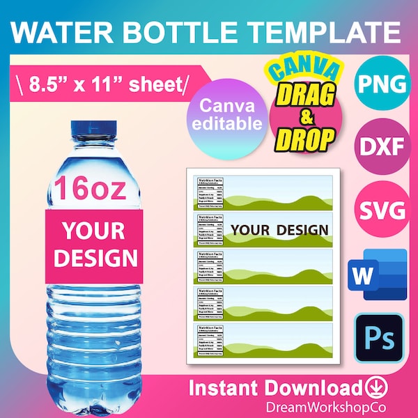 Water bottle Labels template, water bottle label blank template SVG, DXF, Canva, Ms Word Docx, Png, PSD, 8.5"x11" sheet, Printable