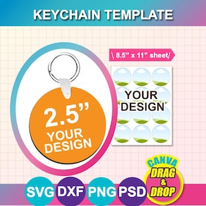 Può includere: Modello di portachiavi arancione con un diametro di 6,35 cm, con la scritta "YOUR DESIGN". Include un foglio di modelli di design e la scritta "KEYCHAIN TEMPLATE". Mostra anche "CANVA DRAG & DROP" e icone di tipo di file.