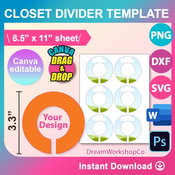 Modèle de diviseur de placard, SVG, Canva, DXF, Canva, Ms Word Docx, Png, Psd, feuille de 8,5 « x 11 », imprimable