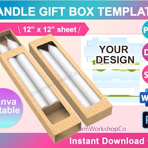 Puede incluir: Una plantilla imprimible para una caja de regalo de vela. La plantilla es para una caja que contiene dos velas. La plantilla está disponible en los formatos PNG, DXF, SVG, Word y Photoshop. La plantilla mide 12 pulgadas por 12 pulgadas. El texto "YOUR DESIGN" está en la plantilla.