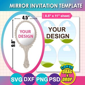 ミラー招待状テンプレート、Canva、SVG、DXF、PSD、PNG、8.5x11シート、デジタルダウンロード