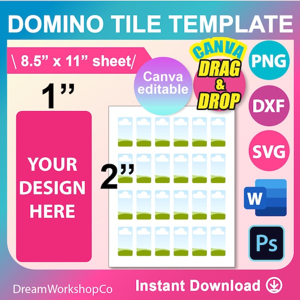 Round Corner 1x2 Domino Tile Template, SVG, DXF, Canva, Ms Word docx, Png, Psd, 8.5"x11" sheet, Printable, Instant Download