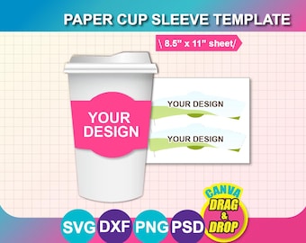 12 Unzen und 16 Unzen Papiertasse Ärmel Vorlage, Kaffeetasse Ärmel Vorlage, Canva, SVG, DXF, Canva, Ms Word Docx, Png, Psd, 8,5 "x 11" Blatt