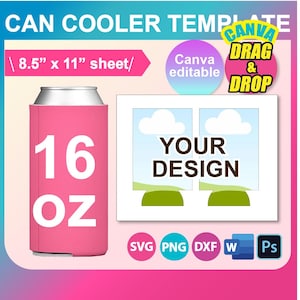 16oz Can Cooler Template, Beer Cooler Template, Sublimation Template,  SVG, DXF, Canva, DOCX, Png, Psd, 8.5&quot;x11&quot; sheet, Printable
