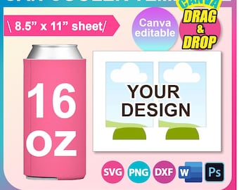 16oz Can Cooler Template, Beer Cooler Template, Sublimation Template,  SVG, DXF, Canva, DOCX, Png, Psd, 8.5"x11" sheet, Printable