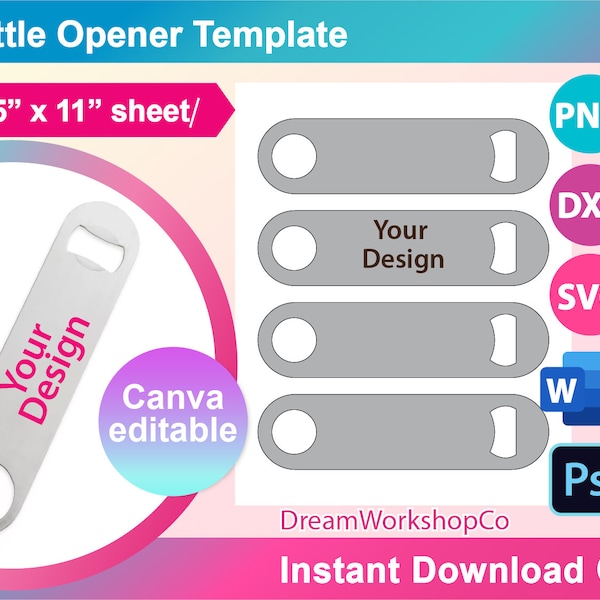 Flat Bottle Opener Template, Sublimation Template, Ms word, Canva, PSD, PNG, SVG, Dxf, 8.5x11" sheet, Printable, Instant Download