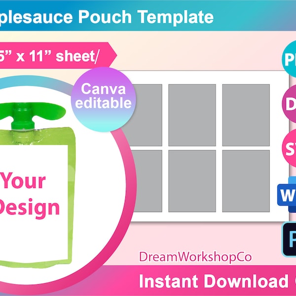 Applesauce Pouch Bag Label Template, SVG, DXF, Ms Word Docx, Png, Psd, 8.5"x11" sheet, Printable