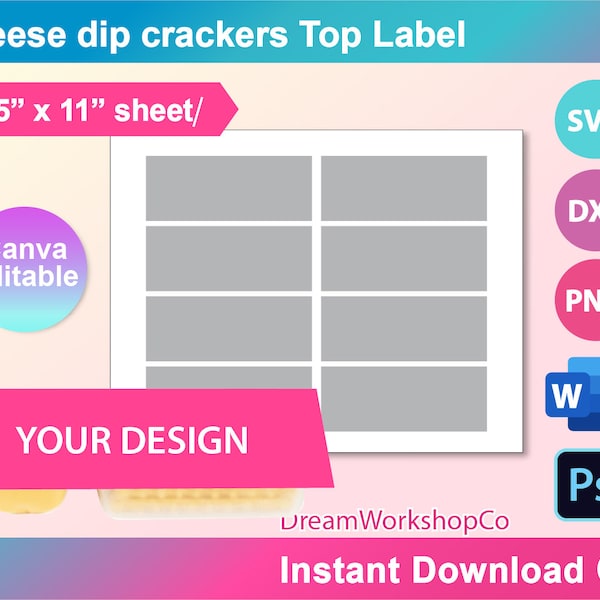 Cheese and crackers snacks Label Template, PSD, PNG and SVG, dxf, Doc Microsoft Word Formats,  8.5x11" sheet,  Printable