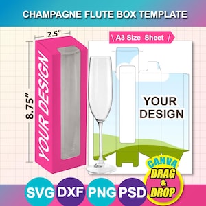 May include: A pink champagne flute box template, 6.35 cm wide and 22.23 cm tall, with the text "YOUR DESIGN". A champagne flute and a box template are also shown. The image includes the text "CANVA DRAG & DROP". The template is for an A3 size sheet.