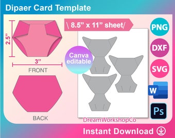 Diaper Card Template, Baby Announcement, Baby Shower Invitation, SVG, DXF, Canva, Ms Word Docx, Png, Psd, 8.5&quot;x11&quot; sheet, Printable