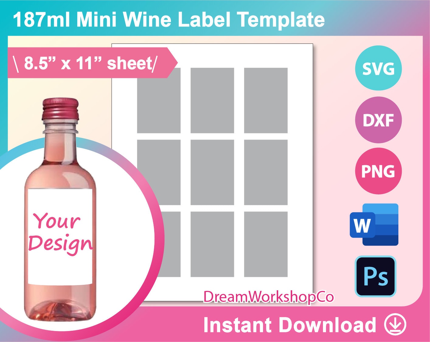187ml Wine Label Template, Mini wine bottle Labels, SVG, DXF, Ms Word Docx, Png, PSD, 8.5