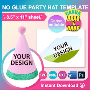 Modèle de chapeau de fête sans colle, toile, SVG, DXF, MS Word Docx, Png, Psd, feuille 8,5 x 11 po, imprimable
