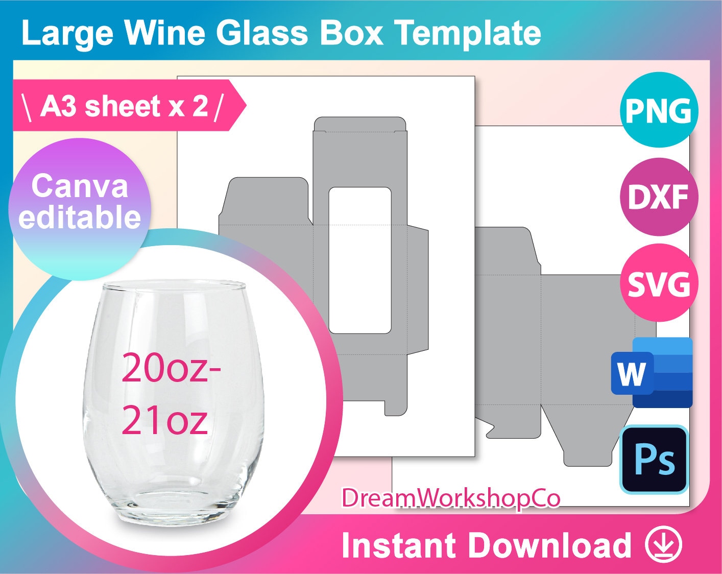 20 oz Wine Glass Box Template, 21 oz Wine Glass Box, Sublimation Template, Canva, Ms word, PSD, PNG, SVG, Dxf, A3 sheet, Printable