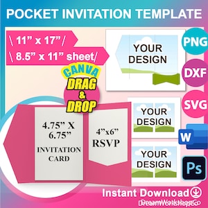 Pocketfold-Vorlage, 5 "x 7" Pocket-Hochzeitseinladungsvorlage, Hochzeitseinladung mit Umschlag, Canva, Ms Wort, PSD, PNG, SVG, Dxf